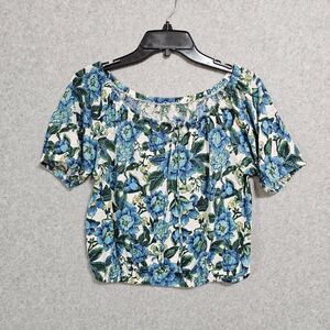 Loft Linen Floral Scrunch Blouse Size XS Womens Blue Short Sleeve Wide Neck Top
